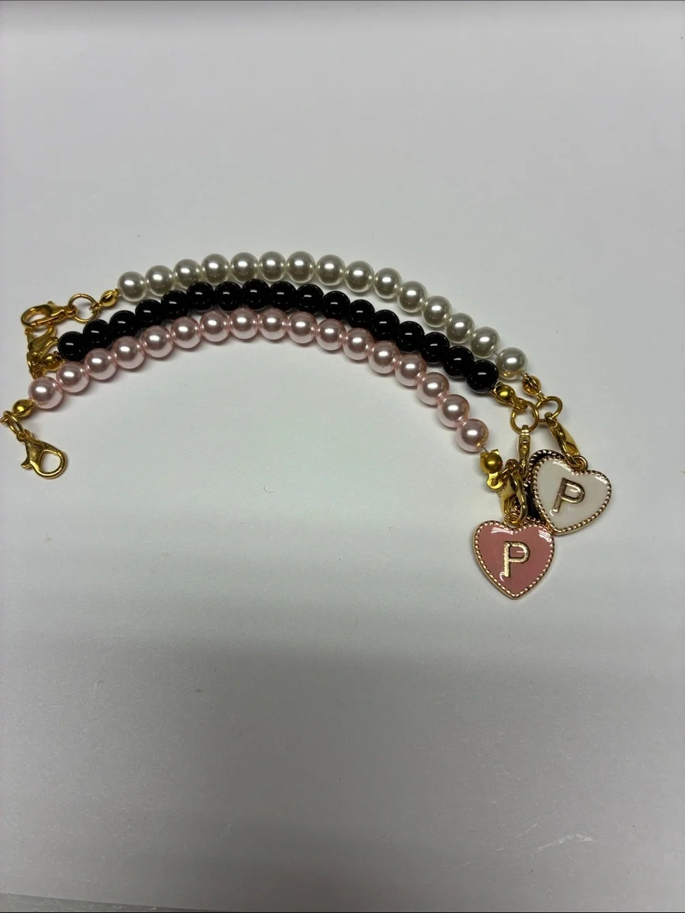 Girls Pearl Bracelet Set Pink Black White Heart Charm Initial P Gift